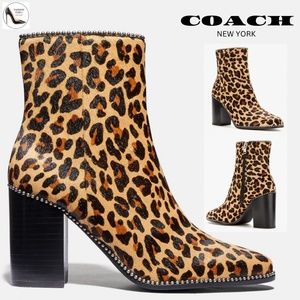 COACH Brown Drea Beadchain Leopard Block Heel Almond Toe Ankle Boots Booties 7